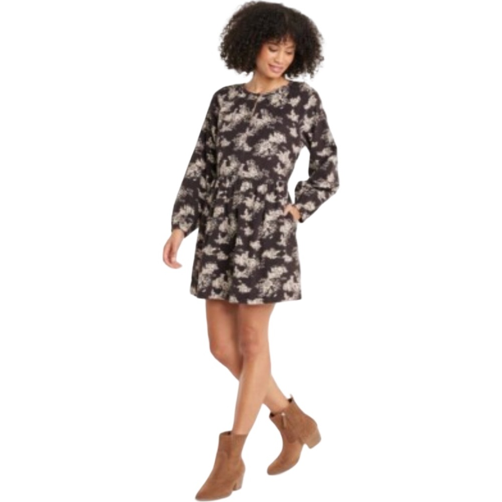 Universal Thread Women Preppy Fall Corduroy Black Cream Floral Dress Medium
